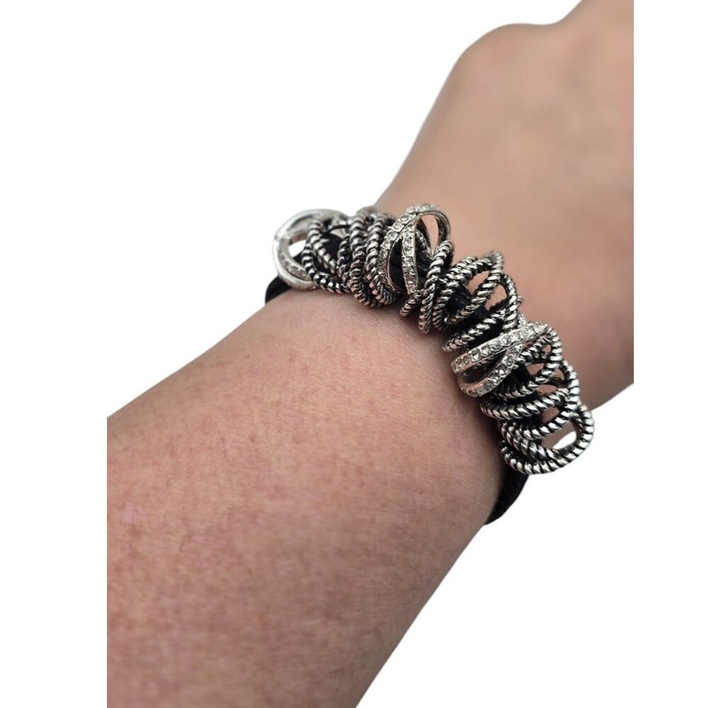 Rhinestone Textured Ring Black Cord Toggle Bracelet Silver Tone Industrial Glam